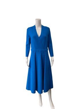 $620 The Fold Blue Knit Midi Pleated Foldover Lamont Sculpt Dress size 8